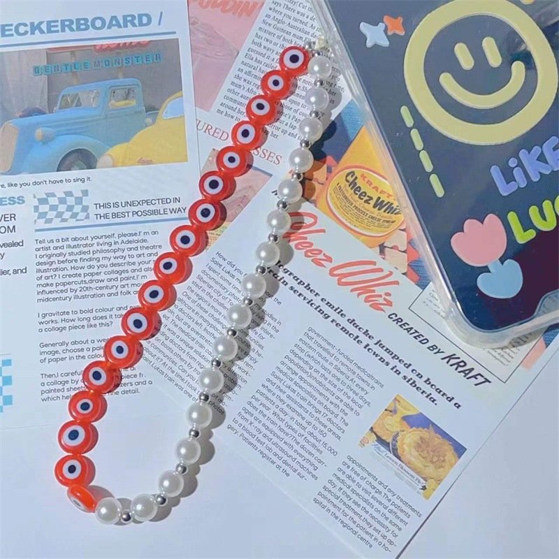 REWIN Fashion Handmade Eye of Evil Keychain Cellphone String Red White Beads Phone Charm Chain Wrist Lanyard Strap