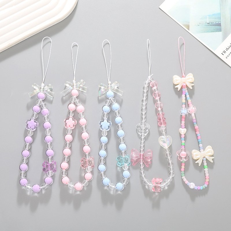 Wholesale Fun Cartoon Animal Figure Flower Straps Crystal Beads Chain Phone Accessories Acrylic Round Beads Mobile Phone Chain