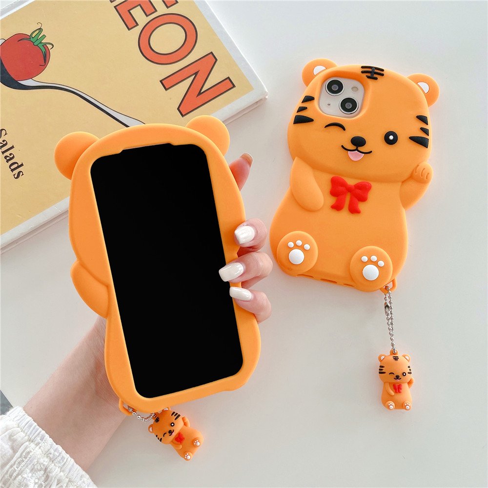3D Cute tiger strap cartoon Silicone Mobile cell Phone Back Cover Case For Girl Iphone 6 7 8 Plus X XS XR 11 12 13 14 15 Pro MAX