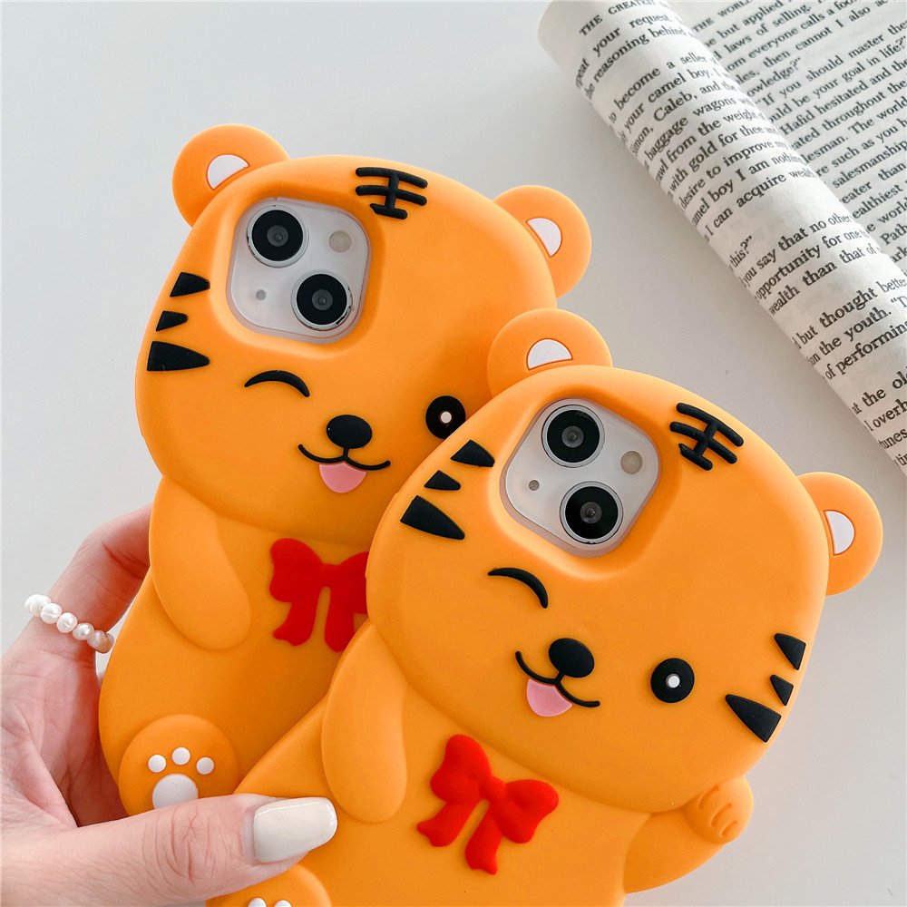 3D Cute tiger strap cartoon Silicone Mobile cell Phone Back Cover Case For Girl Iphone 6 7 8 Plus X XS XR 11 12 13 14 15 Pro MAX