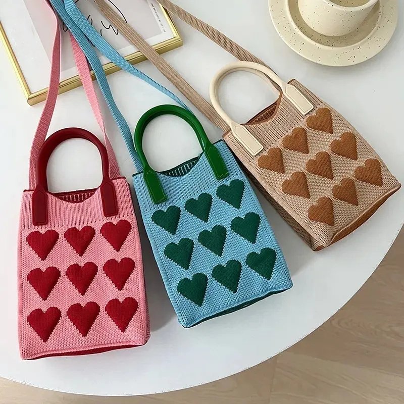 New design Customized Small Inclined shoulder Stylish Strap Fashion Heart shape Mini Mobile phone bags Knitted Tote Bag