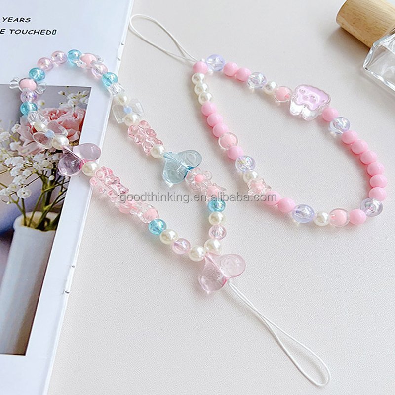 OEM cellphone wrist strap beads acrylic cute fashion girl decoration mobile phone strap accessories