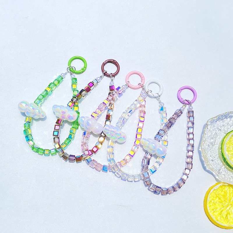 Summer Diy Cell Phone Square Crystal Strap Cute For Hanging Mobile Lanyard Cloud Custom Fabric Beaded Phone Chain Accessories