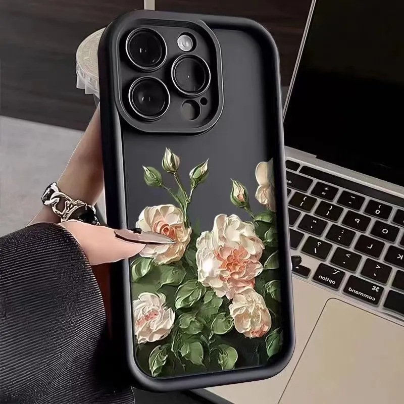 hot selling Oil Painting White Rose Flower Phone case For iPhone 15 Pro Max 14 13 12 11 XS XR lovely Frosted Shockproof Cover
