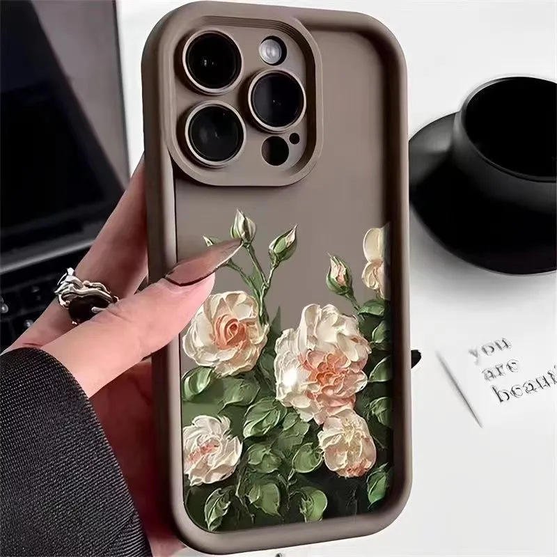 hot selling Oil Painting White Rose Flower Phone case For iPhone 15 Pro Max 14 13 12 11 XS XR lovely Frosted Shockproof Cover