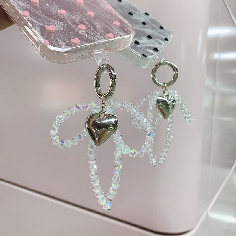 Ins Crystal Ribbon Bowknot Phone Charms Hanging Decoration Anti-loss 3D Heart Pendant For iPhone Short Strap Accessories