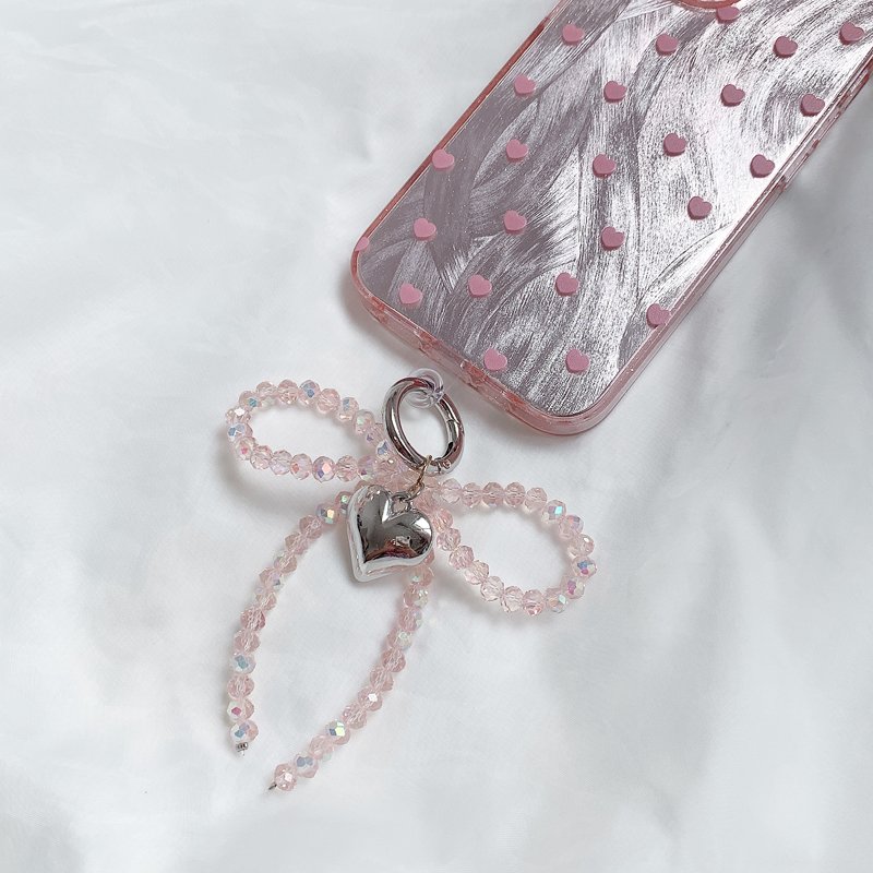 Ins Crystal Ribbon Bowknot Phone Charms Hanging Decoration Anti-loss 3D Heart Pendant For iPhone Short Strap Accessories