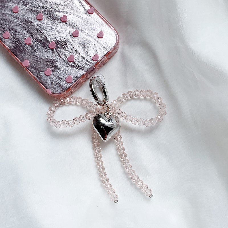 Ins Crystal Ribbon Bowknot Phone Charms Hanging Decoration Anti-loss 3D Heart Pendant For iPhone Short Strap Accessories