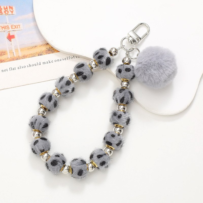 Leopard Print Cell Phone Wrist Strap Lanyard Fur Ball Bracelet Key Chains Bags Pendants Short Style Plush Mobile Phone Chain