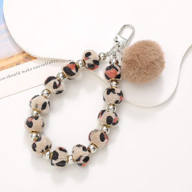 Leopard Print Cell Phone Wrist Strap Lanyard Fur Ball Bracelet Key Chains Bags Pendants Short Style Plush Mobile Phone Chain