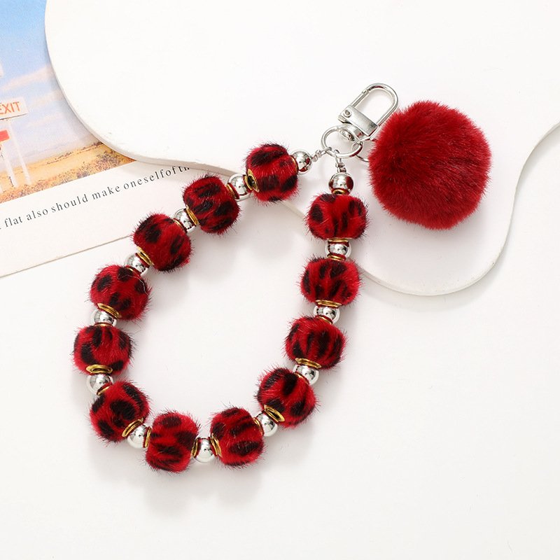 Leopard Print Cell Phone Wrist Strap Lanyard Fur Ball Bracelet Key Chains Bags Pendants Short Style Plush Mobile Phone Chain