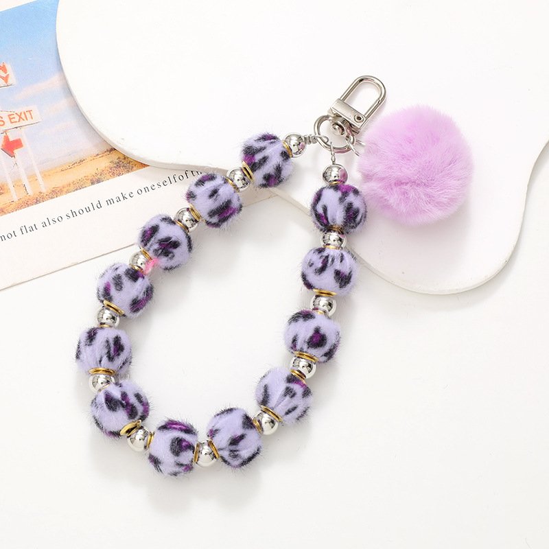 Leopard Print Cell Phone Wrist Strap Lanyard Fur Ball Bracelet Key Chains Bags Pendants Short Style Plush Mobile Phone Chain