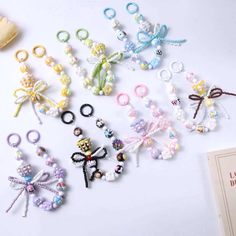 Candy Color Plastic Beaded Bow Key Chain Cute Min Beads Colorful Beaded Phone Wrist Strap Double Buckle Mobile Phone Chain