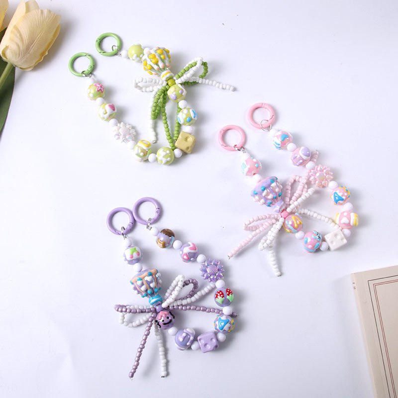 Candy Color Plastic Beaded Bow Key Chain Cute Min Beads Colorful Beaded Phone Wrist Strap Double Buckle Mobile Phone Chain