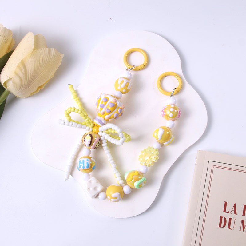 Candy Color Plastic Beaded Bow Key Chain Cute Min Beads Colorful Beaded Phone Wrist Strap Double Buckle Mobile Phone Chain