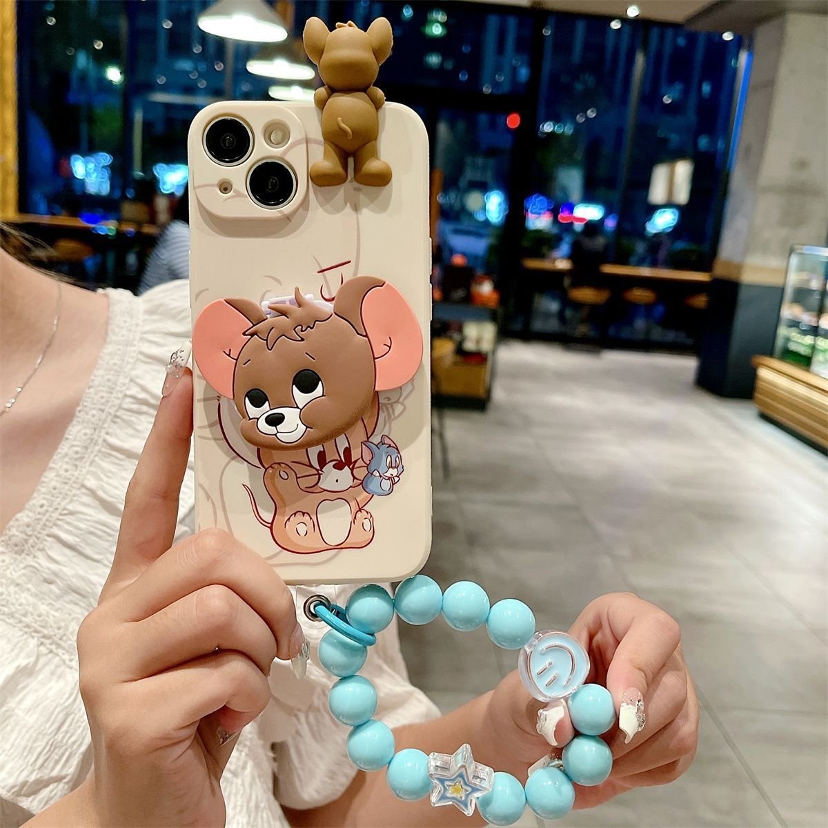 Cartoon Cat Silicone Mobile Phone Case stand For iPhone 16 15 14 13 12 Pro max Mouse chain holder bracelet Shockproof Back cover