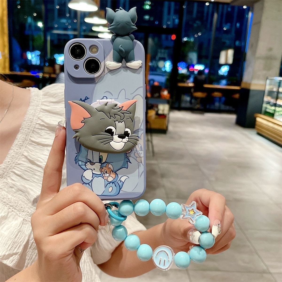 Cartoon Cat Silicone Mobile Phone Case stand For iPhone 16 15 14 13 12 Pro max Mouse chain holder bracelet Shockproof Back cover