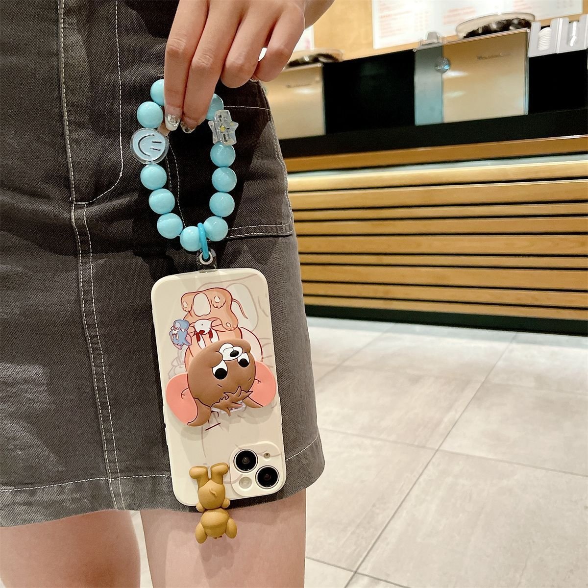 Cartoon Cat Silicone Mobile Phone Case stand For iPhone 16 15 14 13 12 Pro max Mouse chain holder bracelet Shockproof Back cover