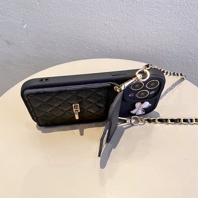 Leather case with card insert wallet strap diagonal cross phone case for iPhone 6-15/Pro/Max/Plus