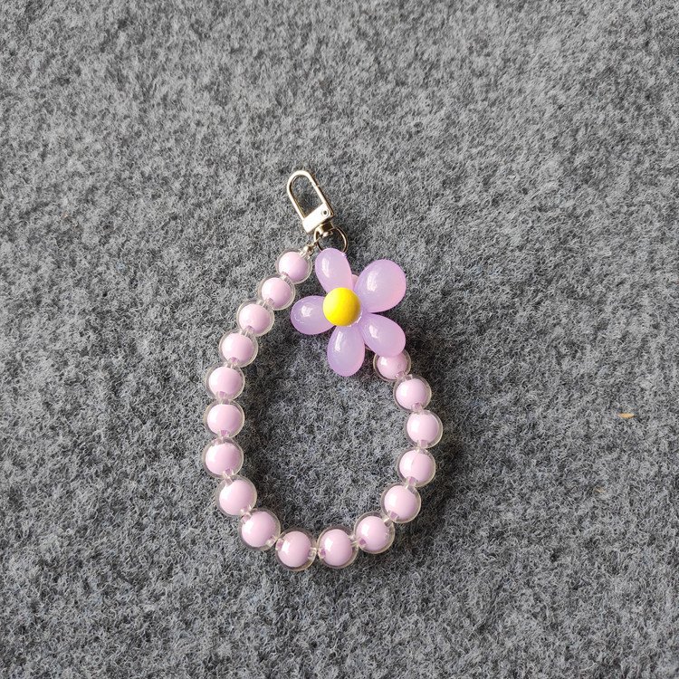 Removable Cute Beaded Wrist Strap Keychain with Flower Charm Chain for Mobile Phone