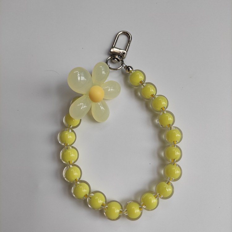 Removable Cute Beaded Wrist Strap Keychain with Flower Charm Chain for Mobile Phone