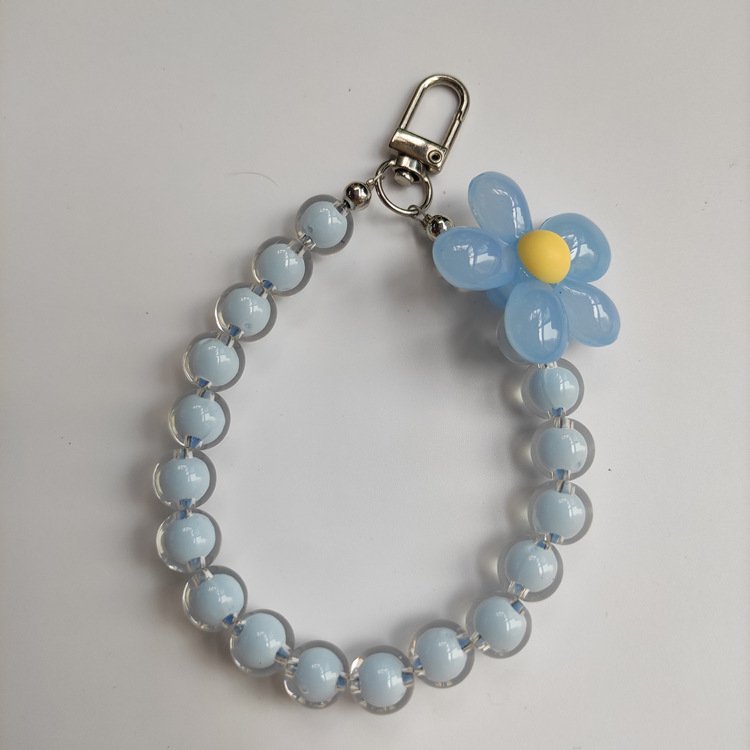 Removable Cute Beaded Wrist Strap Keychain with Flower Charm Chain for Mobile Phone