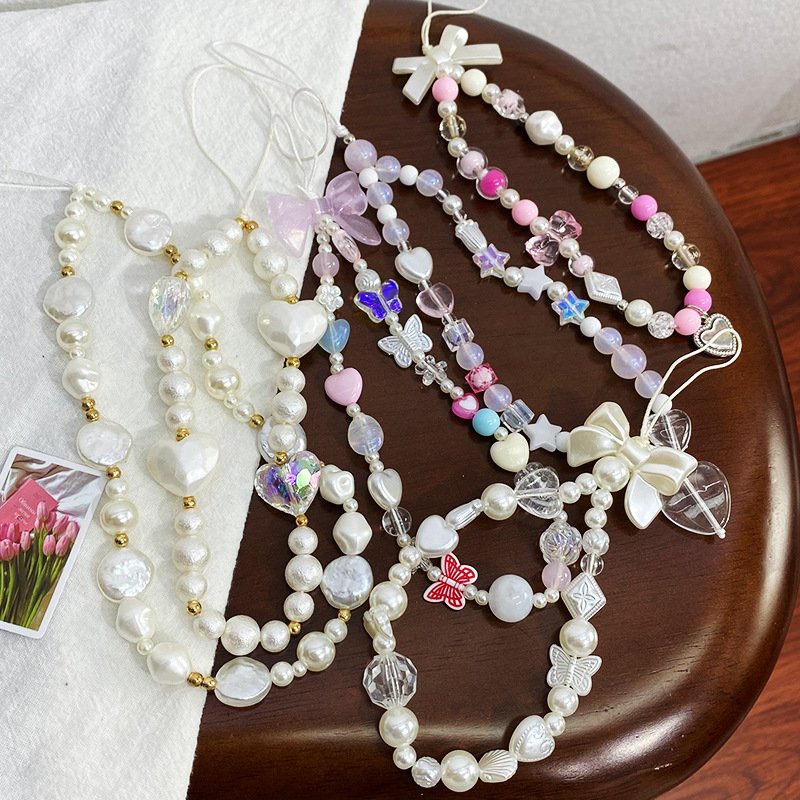 Korea Cute Charm Love Heart Bowknot Phone Chains For Women Girl Telephone Jewelry Strap Beaded Lanyard Hanging Cord Accessories