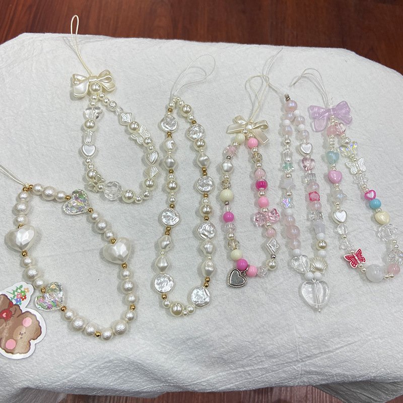 Korea Cute Charm Love Heart Bowknot Phone Chains For Women Girl Telephone Jewelry Strap Beaded Lanyard Hanging Cord Accessories