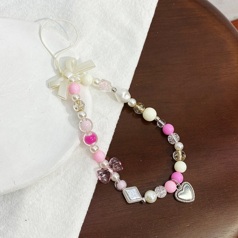 Korea Cute Charm Love Heart Bowknot Phone Chains For Women Girl Telephone Jewelry Strap Beaded Lanyard Hanging Cord Accessories