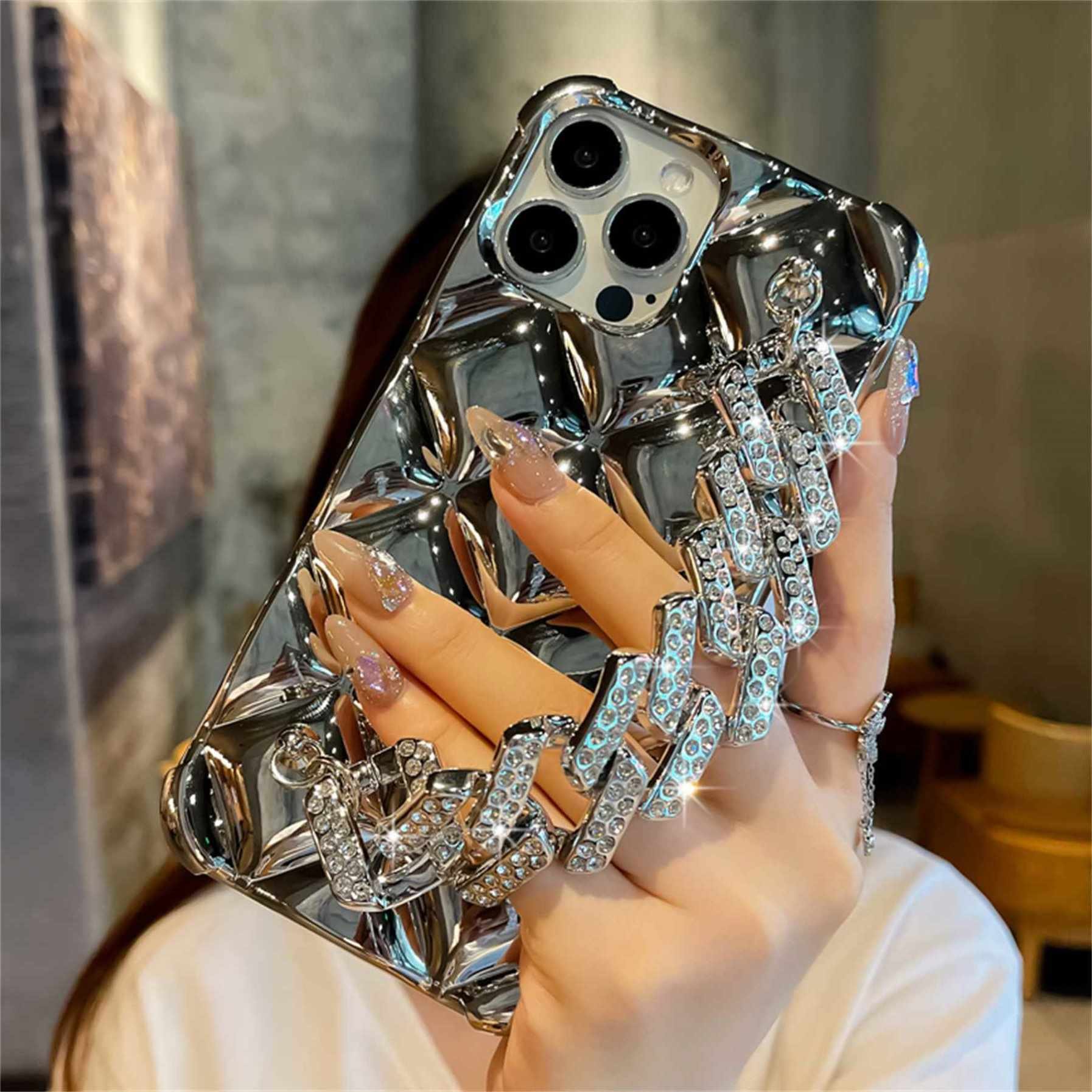 Luxury Korean Plating Rhombus Glitter Bracelet Chain Case For iPhone 14 Pro Max Soft Silicon Cover For Samsung S21 S22 Ultra