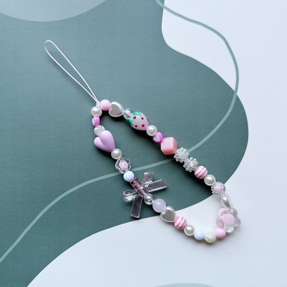 New Strawberry Accessories Phone Lanyard Pink Pendant Beaded Bracelet Chain Phone Case Anti-lost Strap