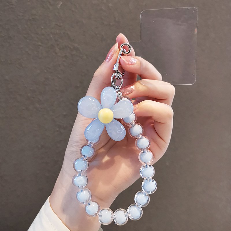 Handmade Colorful Crystal Bead Mobile Phone Chain For Women Wrist Strap Keychain Cute Flower Mobile Phone Strap Lanyard