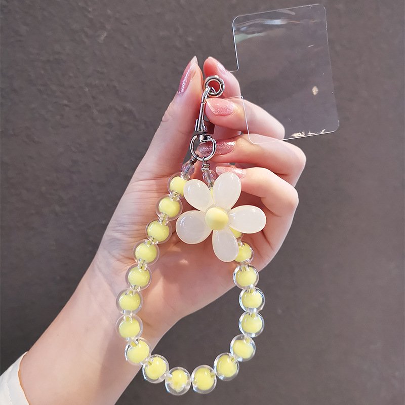 Handmade Colorful Crystal Bead Mobile Phone Chain For Women Wrist Strap Keychain Cute Flower Mobile Phone Strap Lanyard