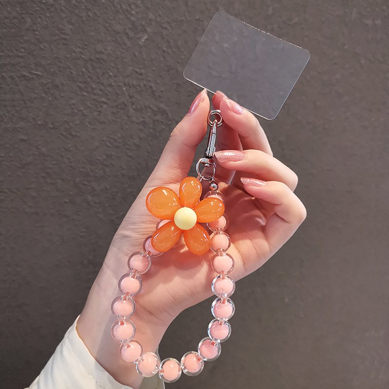 Handmade Colorful Crystal Bead Mobile Phone Chain For Women Wrist Strap Keychain Cute Flower Mobile Phone Strap Lanyard