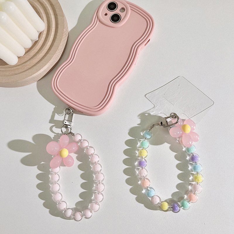 Handmade Colorful Crystal Bead Mobile Phone Chain For Women Wrist Strap Keychain Cute Flower Mobile Phone Strap Lanyard