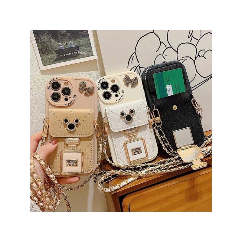 Water diamond cartoon plaid wallet card package bow perfume bottle diagonal strap phone case for iPhone 15 Promax 14 13 12 16