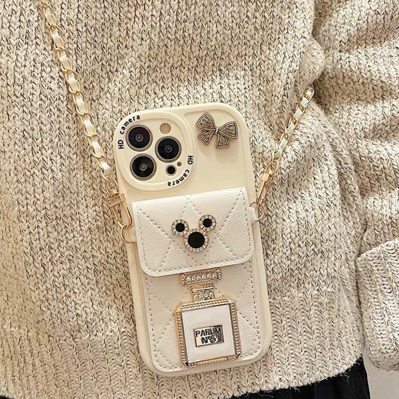 Water diamond cartoon plaid wallet card package bow perfume bottle diagonal strap phone case for iPhone 15 Promax 14 13 12 16