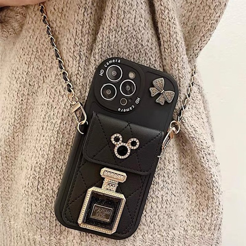 Water diamond cartoon plaid wallet card package bow perfume bottle diagonal strap phone case for iPhone 15 Promax 14 13 12 16
