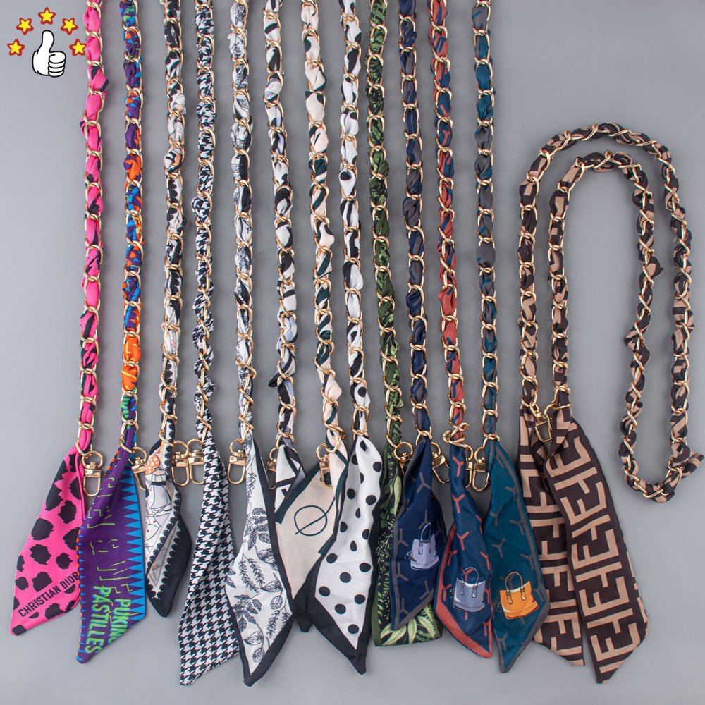 2024 Trendy Designer Silk Scarf Metal Phone Accessories Bag Accessories Mobile Phone Chain For All Smartphone Case