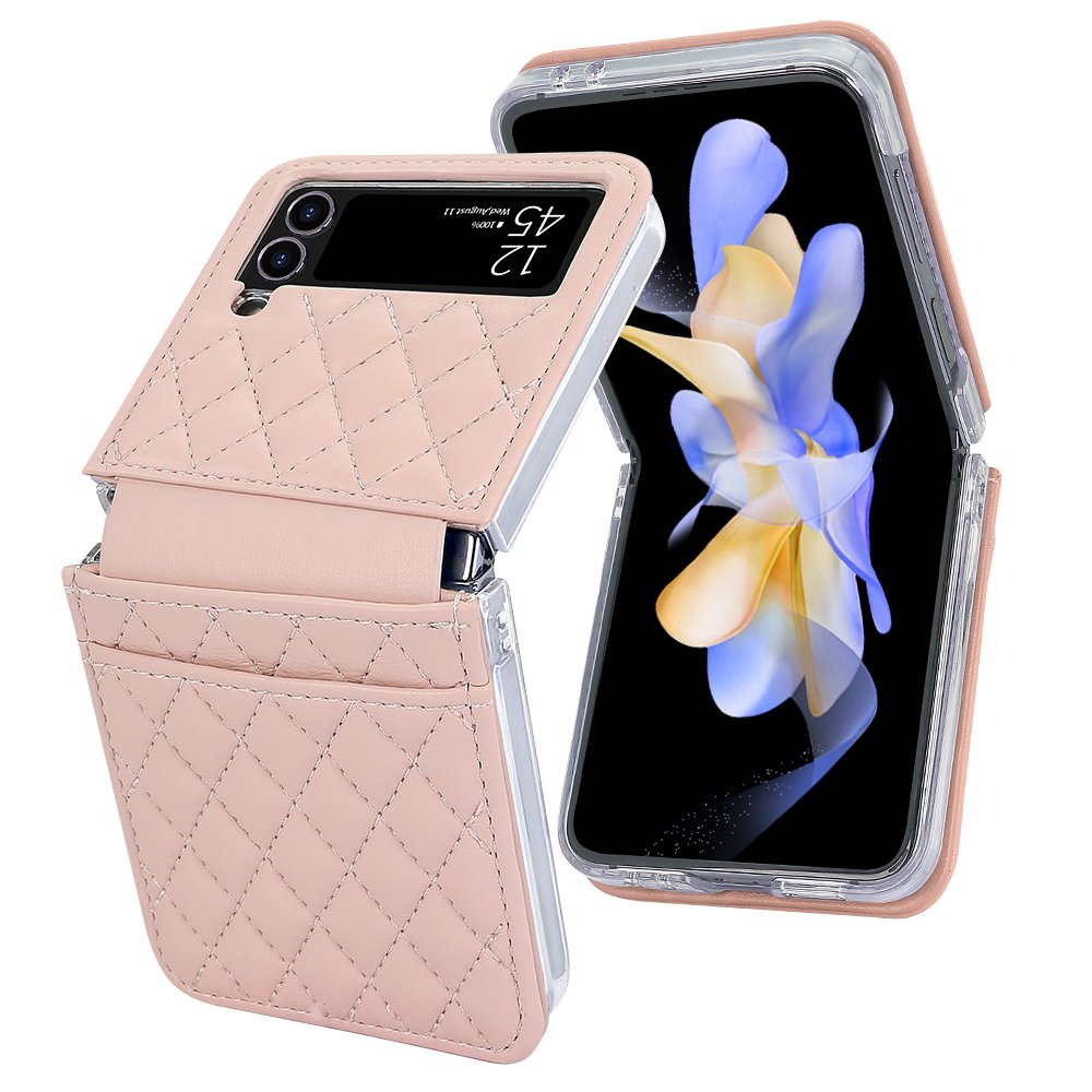 VIETAO Premium Leather Z Flip 4 Case With Hand Strap, Mobile Phone Cover With Card Slot For Samsung Galaxy Z Flip 4 Case, Pink