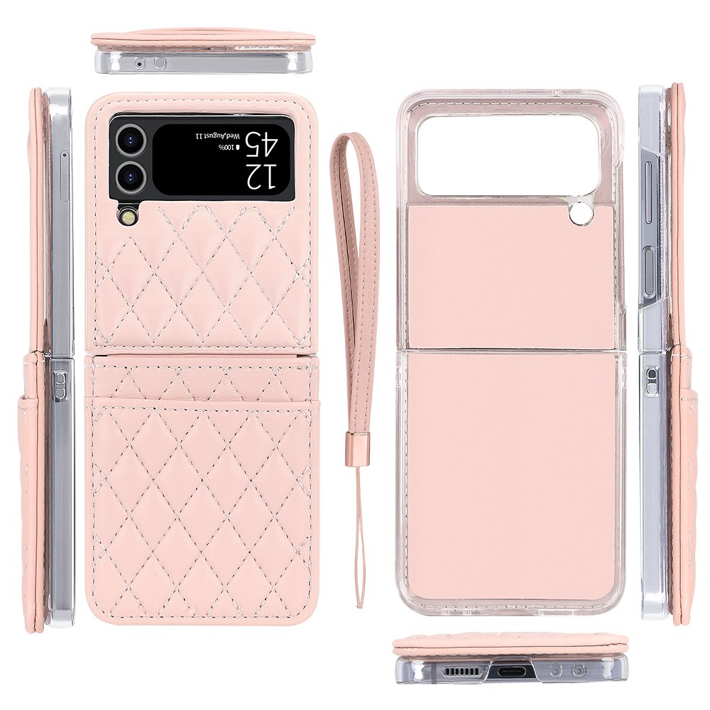 VIETAO Premium Leather Z Flip 4 Case With Hand Strap, Mobile Phone Cover With Card Slot For Samsung Galaxy Z Flip 4 Case, Pink
