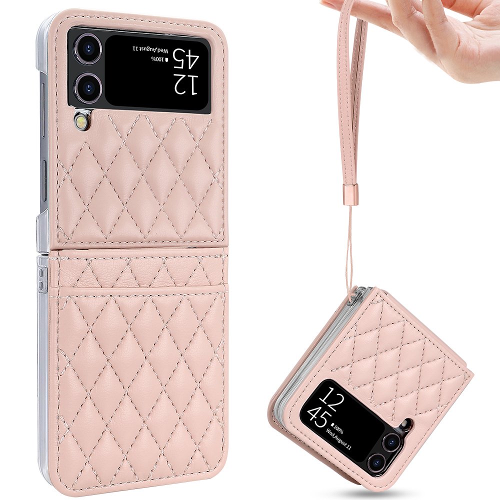VIETAO Premium Leather Z Flip 4 Case With Hand Strap, Mobile Phone Cover With Card Slot For Samsung Galaxy Z Flip 4 Case, Pink