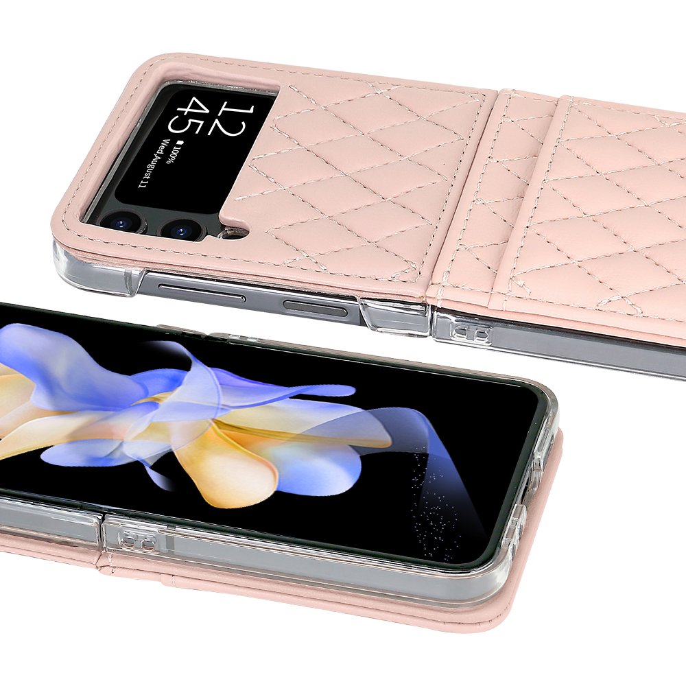 VIETAO Premium Leather Z Flip 4 Case With Hand Strap, Mobile Phone Cover With Card Slot For Samsung Galaxy Z Flip 4 Case, Pink