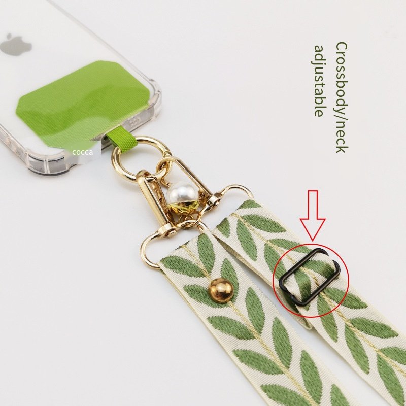 Adjustable Phone Strap Leaf Print Long Crossbody Lanyard with Pearl Pendant Universal Phone Case Anti-Loss Neck Strap