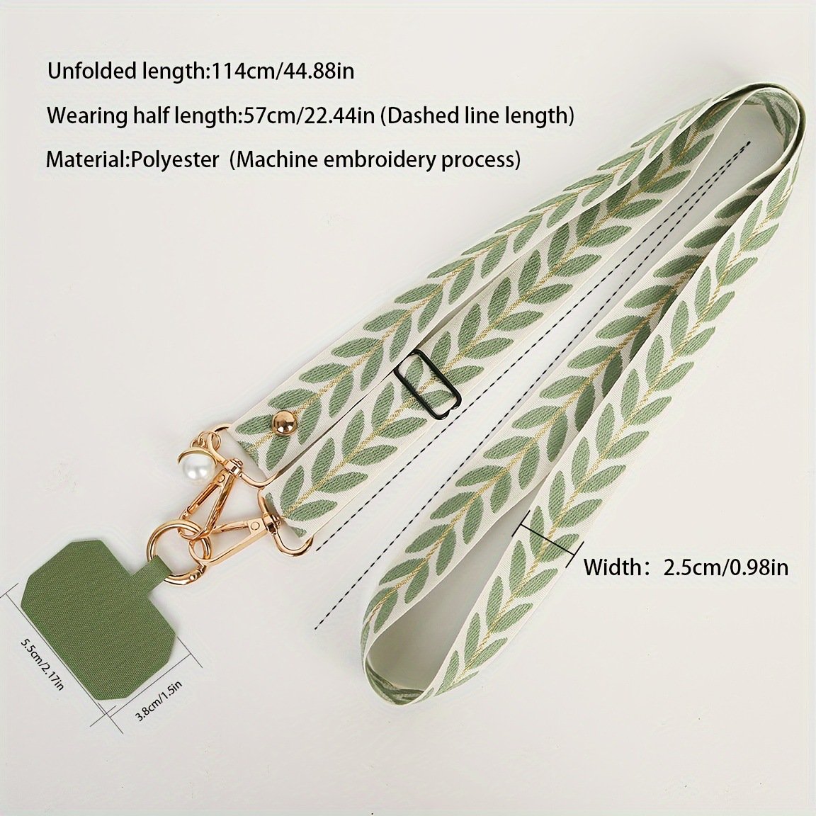 Adjustable Phone Strap Leaf Print Long Crossbody Lanyard with Pearl Pendant Universal Phone Case Anti-Loss Neck Strap