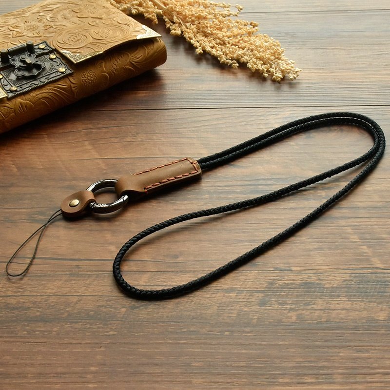 Custom Logo Detachable Metal Ring and Retro Genuine Leather String ID Card iPod Camera Key Chain Neck Mobile Phone Strap Lanyard