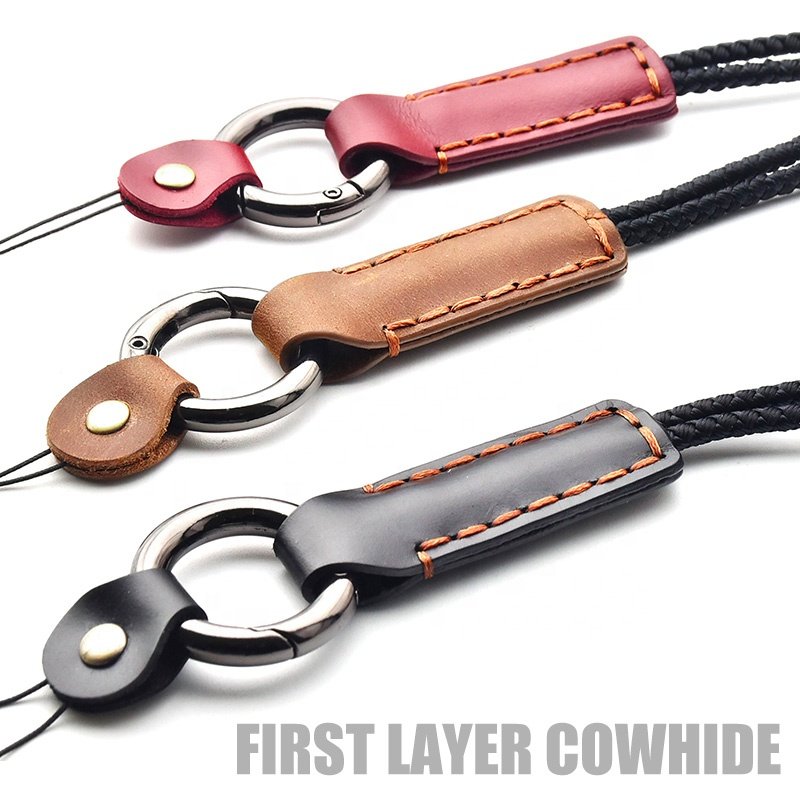 Custom Logo Detachable Metal Ring and Retro Genuine Leather String ID Card iPod Camera Key Chain Neck Mobile Phone Strap Lanyard
