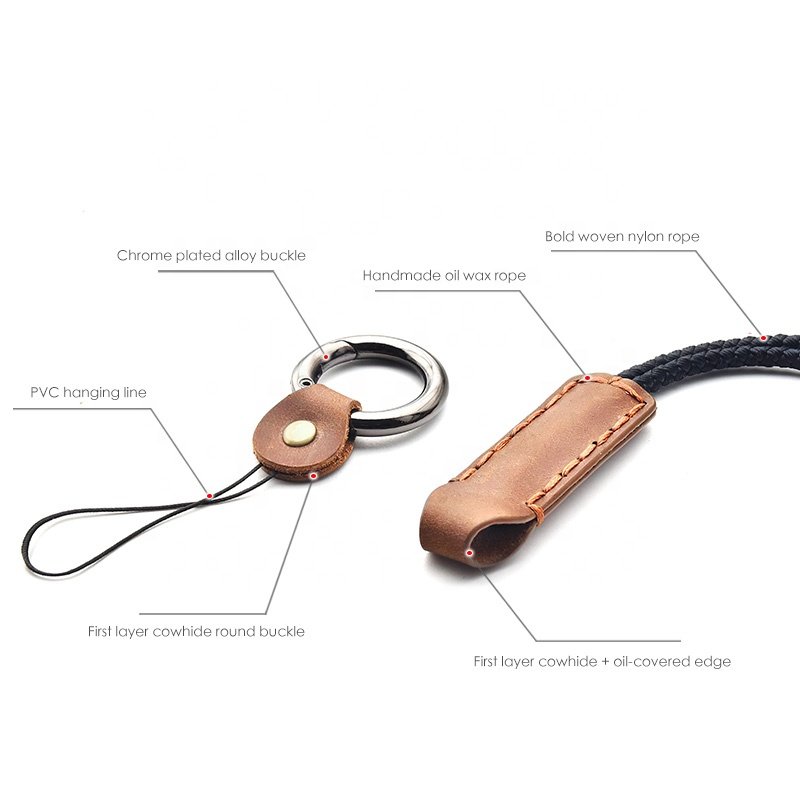 Custom Logo Detachable Metal Ring and Retro Genuine Leather String ID Card iPod Camera Key Chain Neck Mobile Phone Strap Lanyard