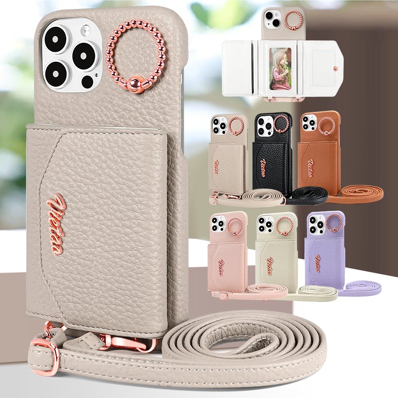 VIETAO Iphone Customization Pu Leather Wallet Phone Case Pouch Luxury with Crossbody Strap for Iphone 15 in Stock VT-DD-243