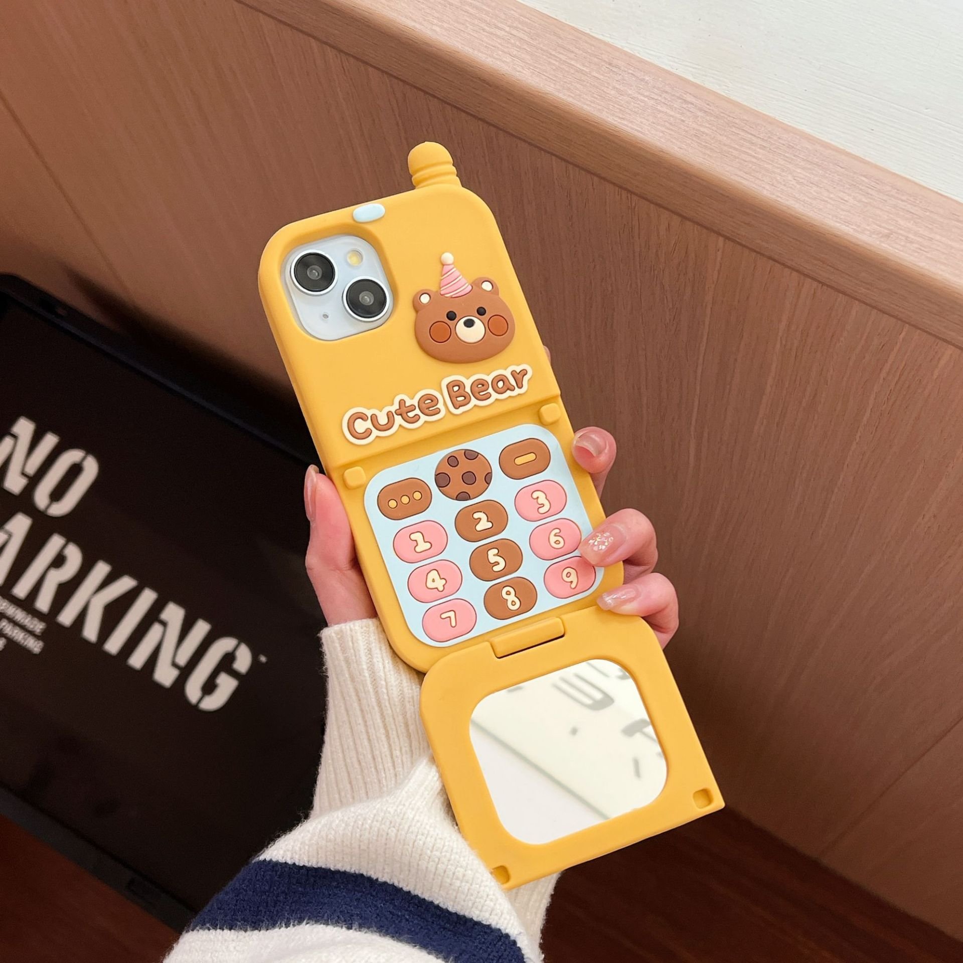 Little Bear Big Brother Flip Mirror Suitable For iPhone 15 Pro Max Phone Case 14 3D Cartoon 13 12 14 Soft Silicone Protective